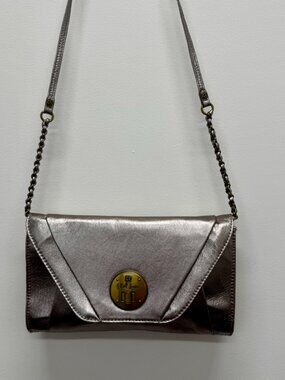 Elliott Lucca Metallic Silver Crossbody Bag Bronze Turn-Lock Hardware